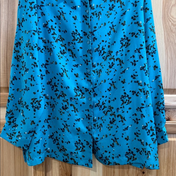 Blair Teal Blue Black Leafy Flowy Long Sleeve Tunic Button Up Shirt Size 2XL - Picture 3 of 9